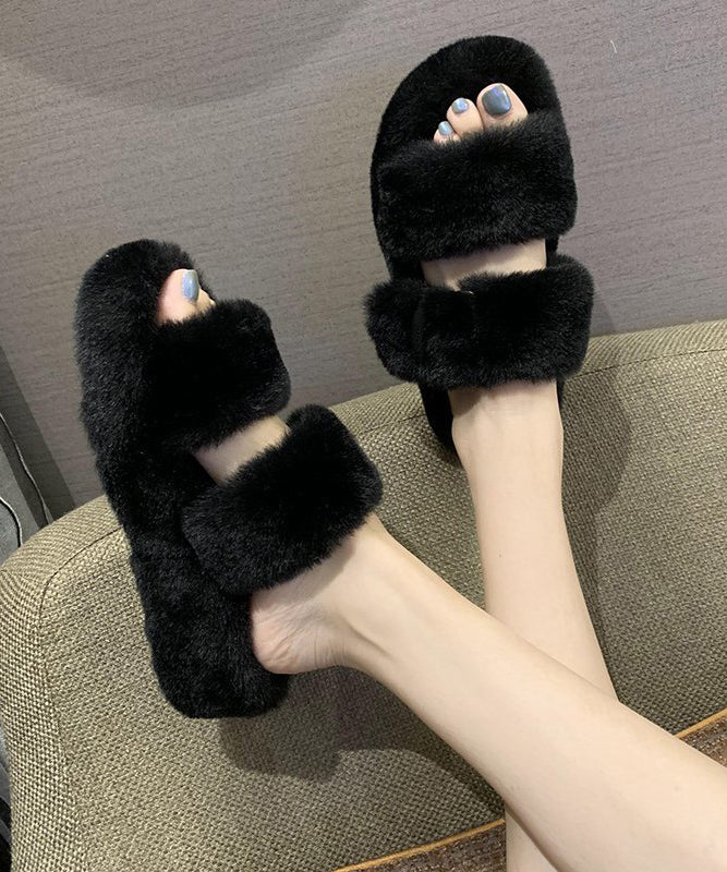 Beige Fuzzy Fur Slippers Shoes Splicing Platform Peep Toe