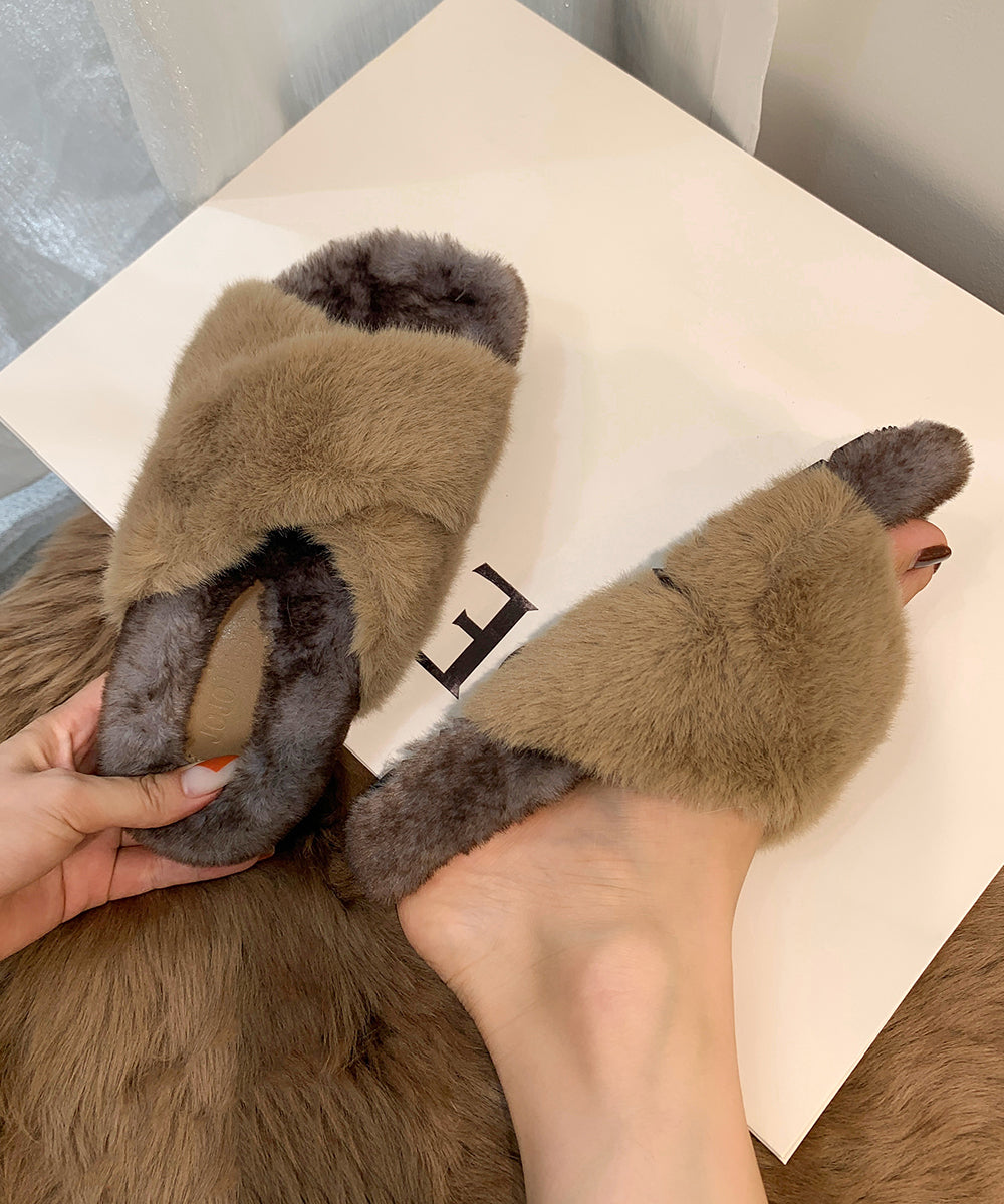 Fashion Splicing Platform Slippers Shoes Khaki Fuzzy Fur