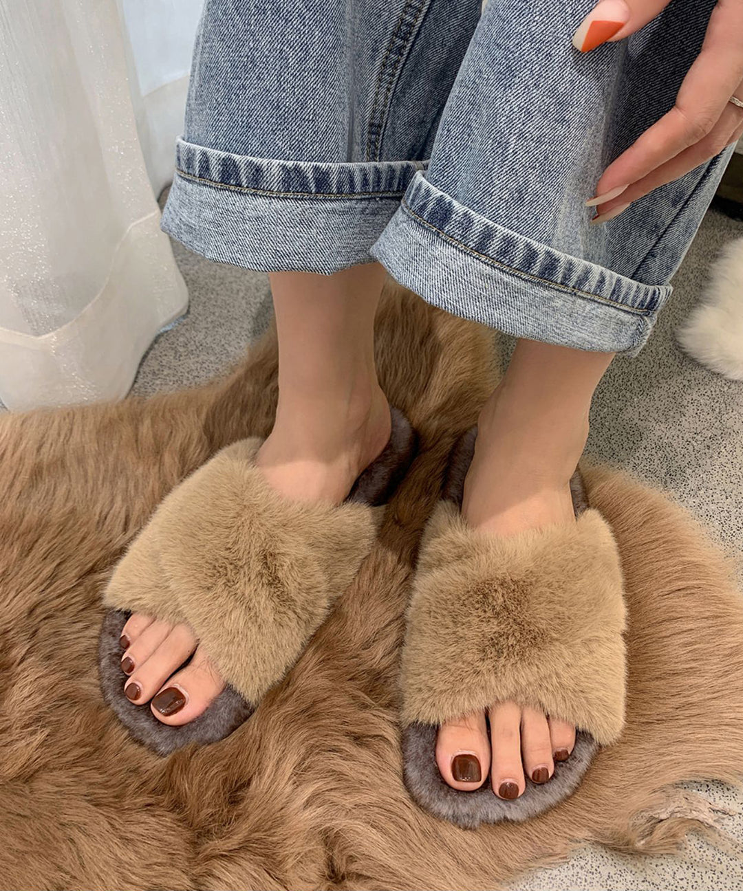 Fashion Splicing Platform Slippers Shoes Khaki Fuzzy Fur